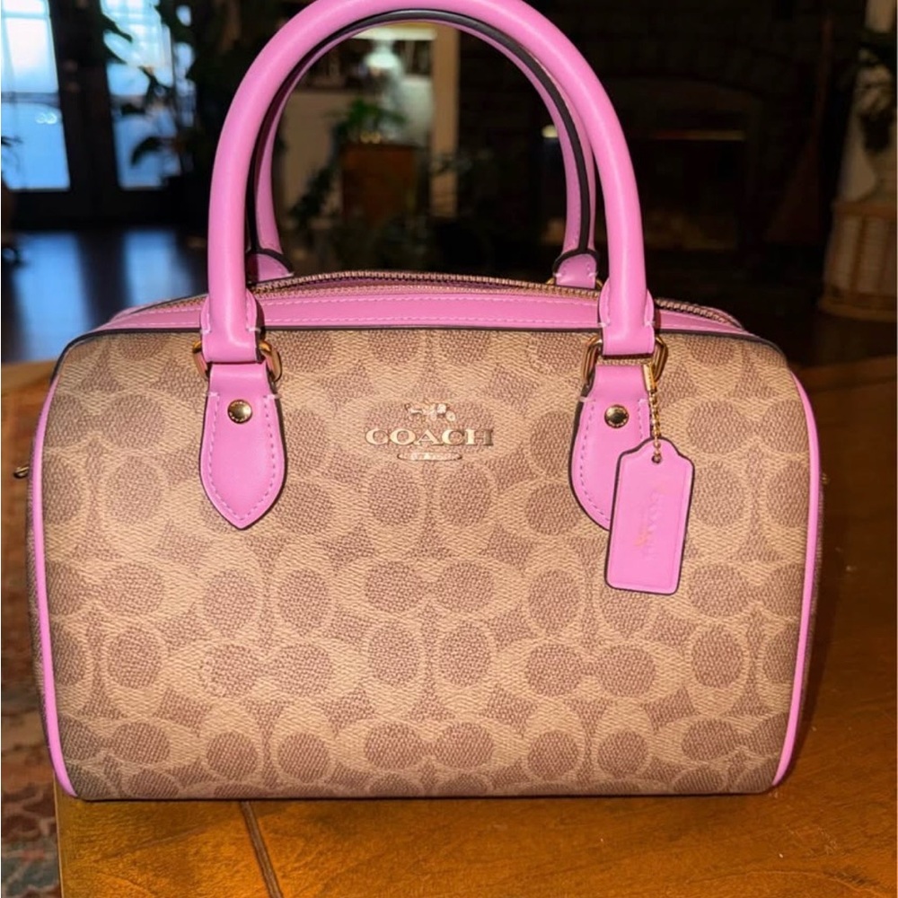 Coach Brown and Pink Signature Rowan Satchel